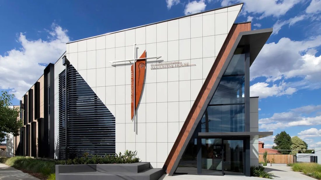 Architectural facade with angled louvre screening and feature cladding by Exterior Corp